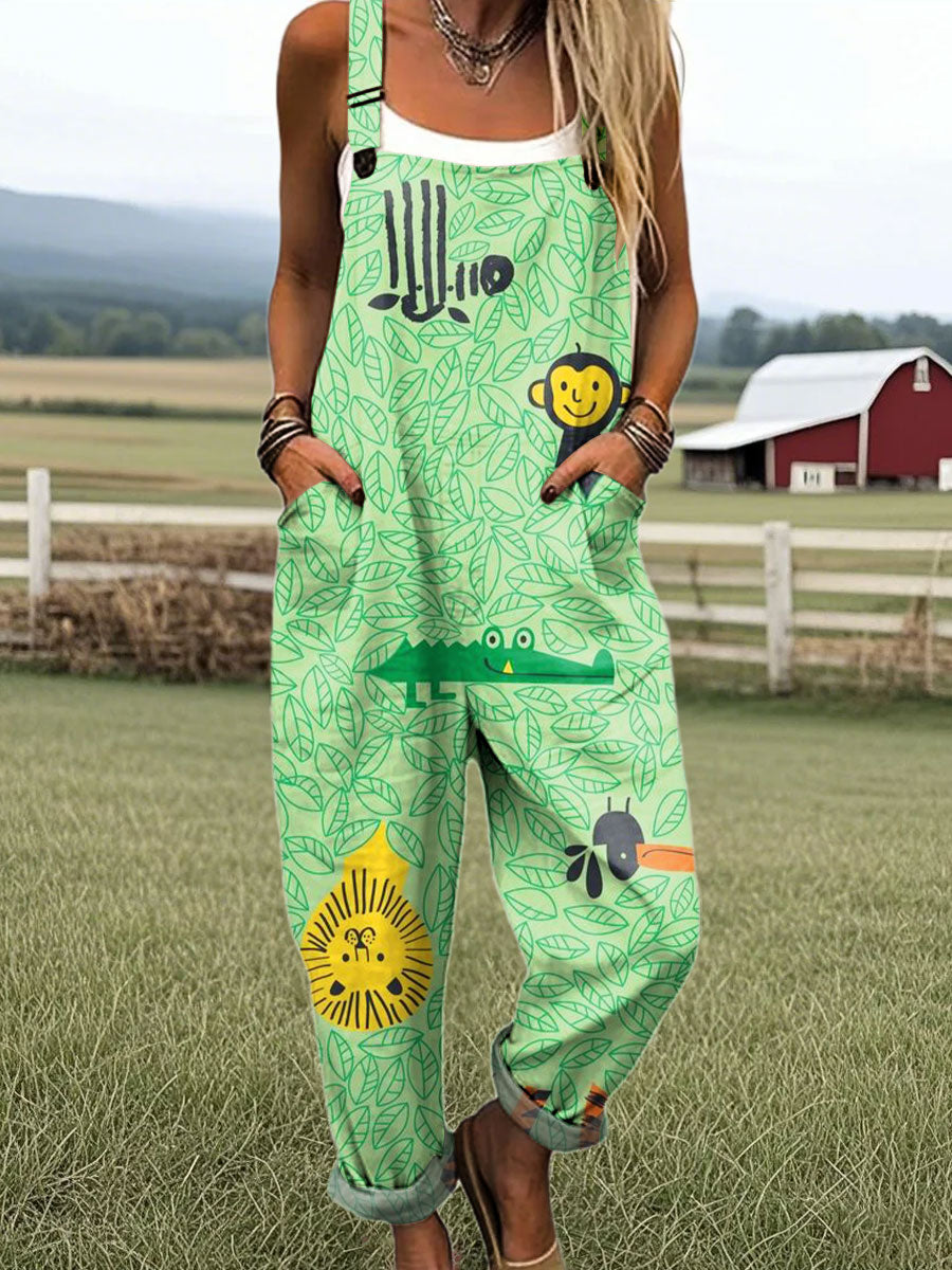 Women's Vintage leaf and animal art print  Casual 100% Cotton Wide Leg Jumpsuit