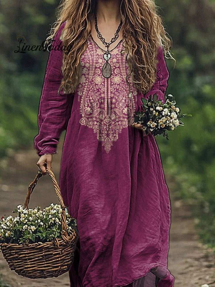 Ethnic Style Floral Pattern Printed Women's Pocket Cotton Dress