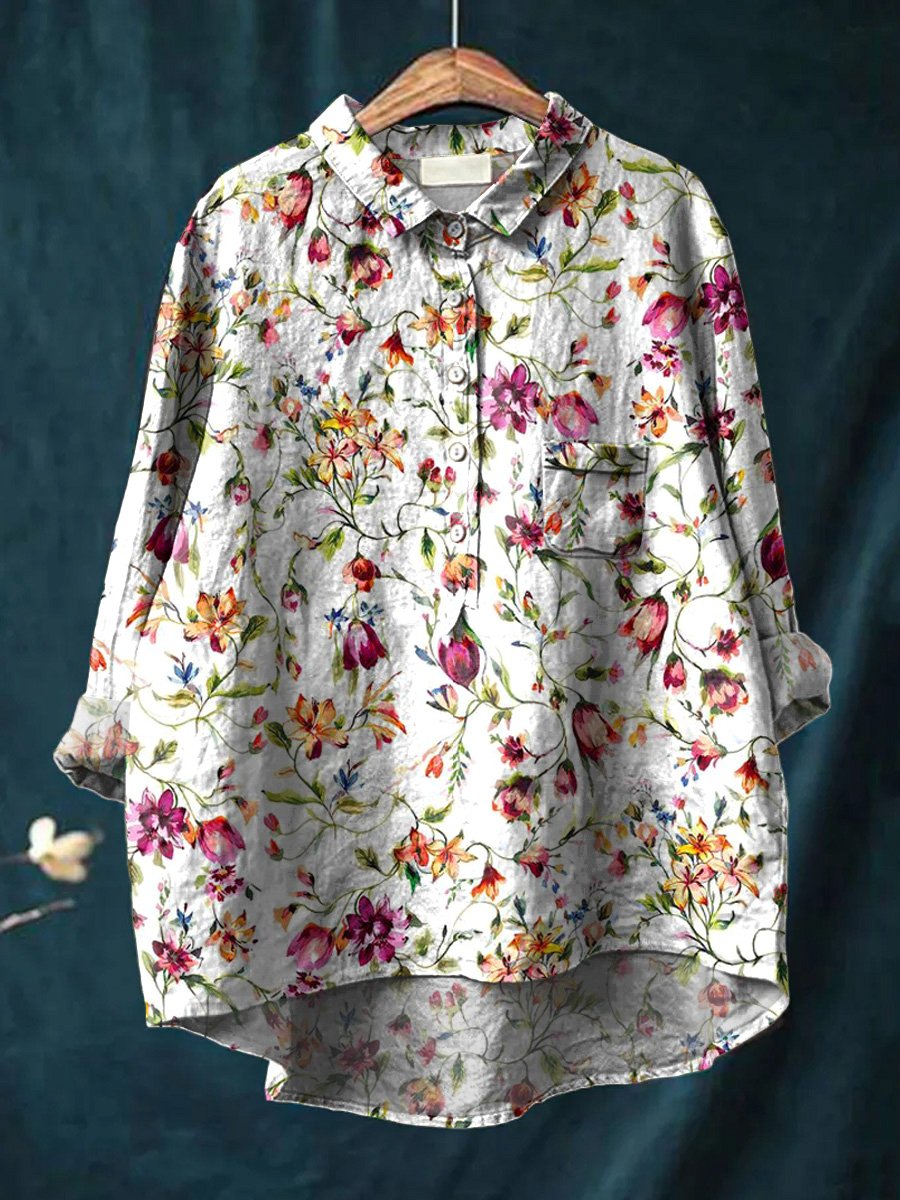 French Garden Pattern Printed Women's Casual Cotton And Linen Shirt