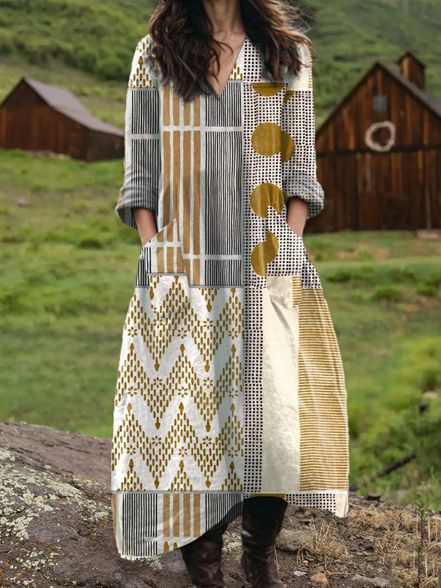 Women's Vintage Abstract Geometric Art Print Pocket V-neck Cotton Dress
