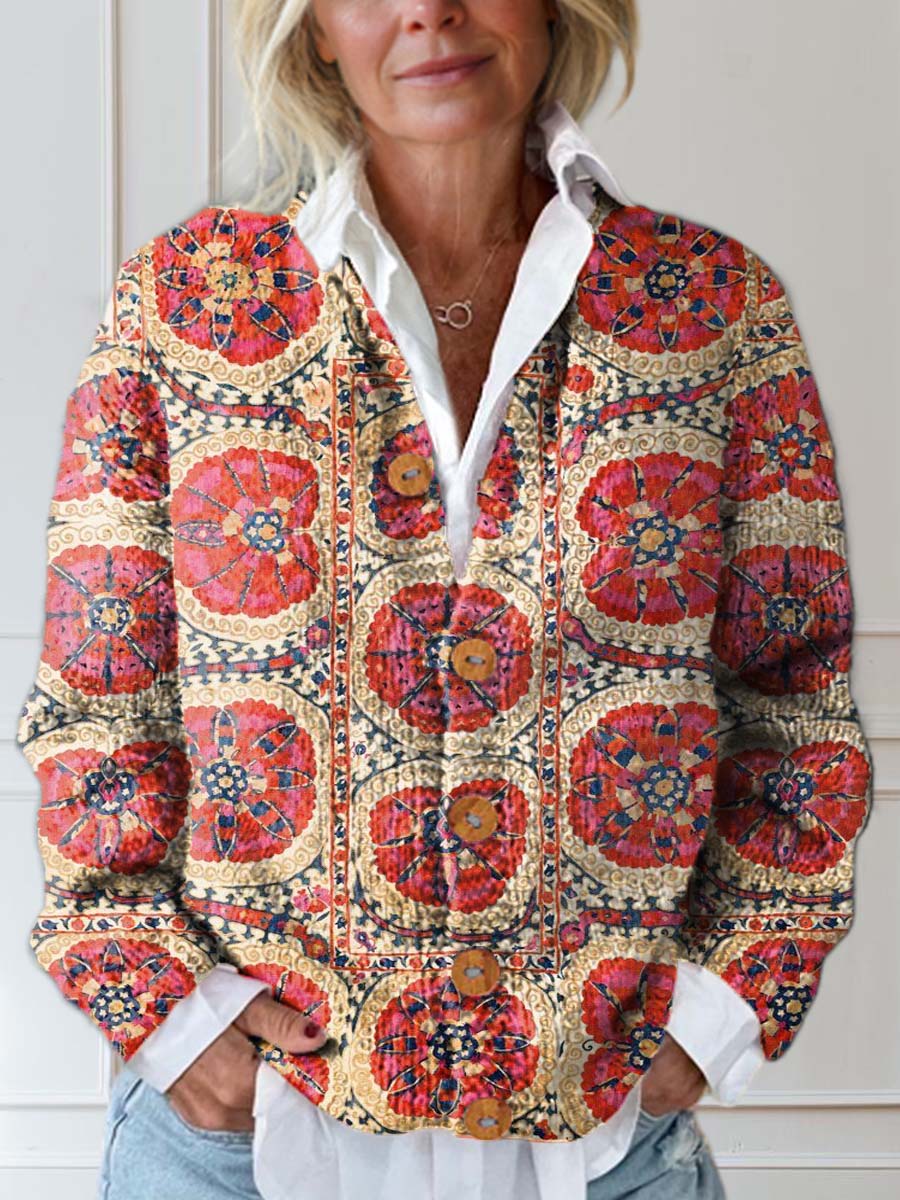 Women's Vintage Floral Art Print Buttoned Cardigan Sweater