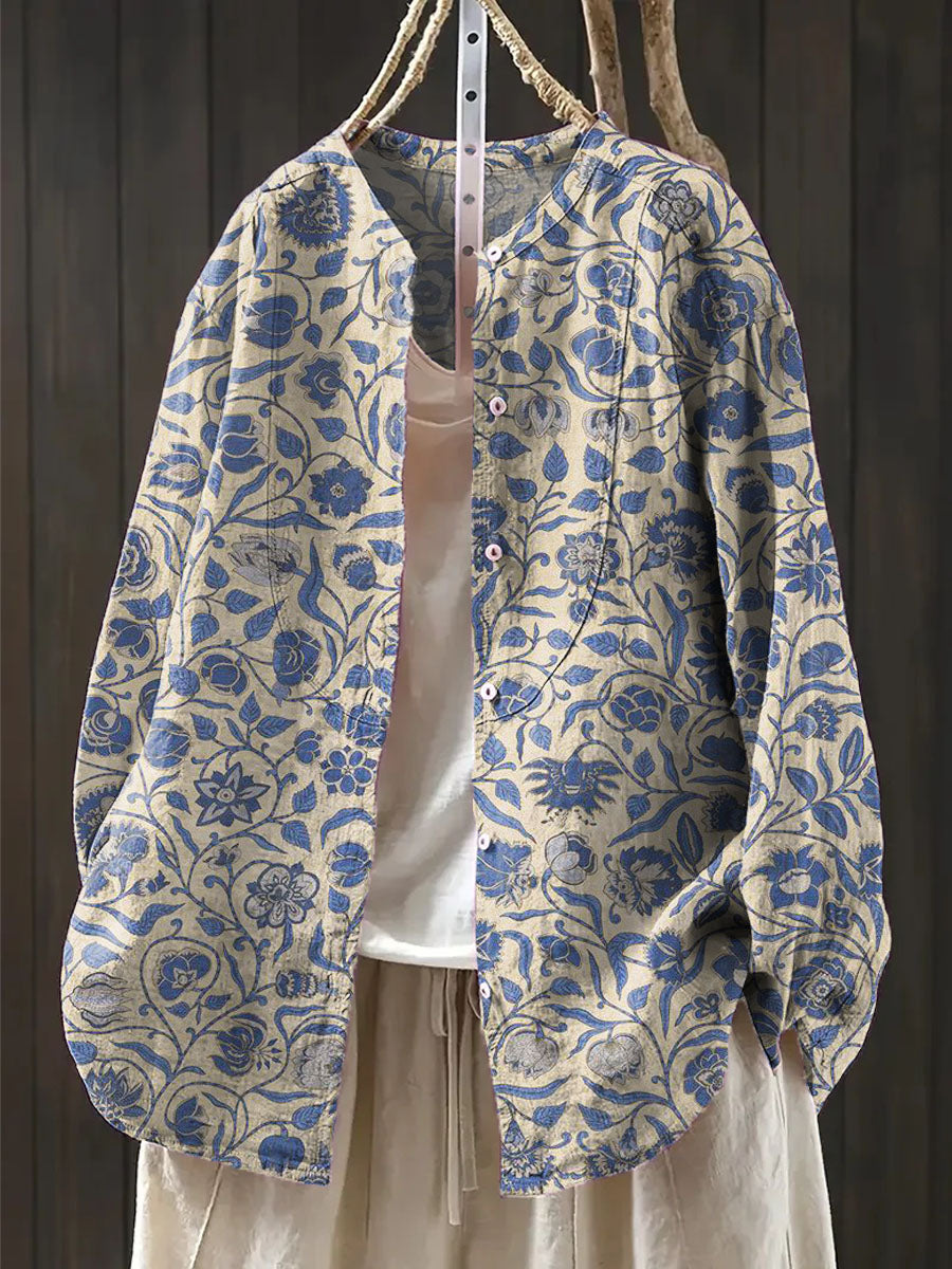 Women's Vintage Floral Art Print Casual Cotton And Linen Shirt