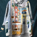 Women's Vintage Hand Drawn Beautiful Street Scenes Print Casual Cotton And Linen Shirt
