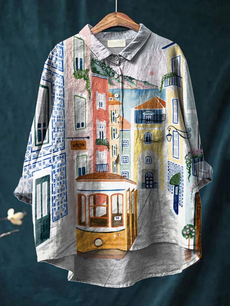 Women's Vintage Hand Drawn Beautiful Street Scenes Print Casual Cotton And Linen Shirt