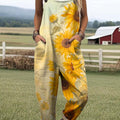 Women's Lovely Sunflower Art Print Casual 100% Cotton Wide Leg Jumpsuit