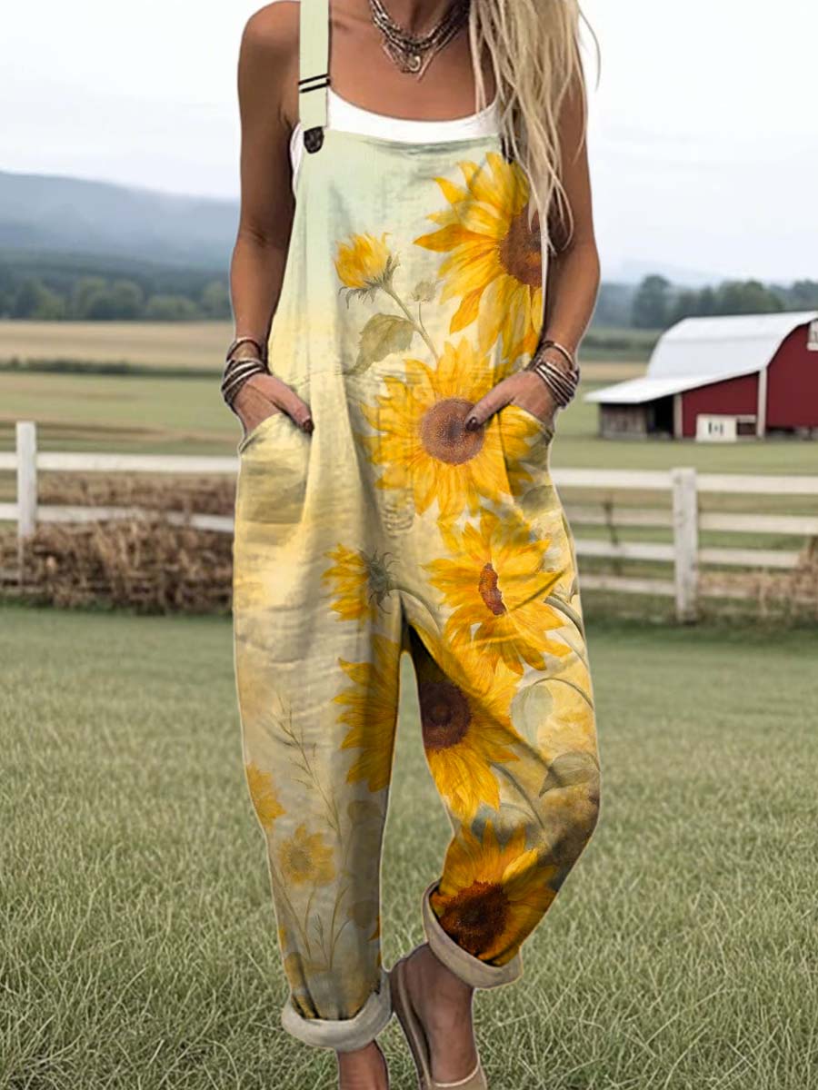Women's Lovely Sunflower Art Print Casual 100% Cotton Wide Leg Jumpsuit