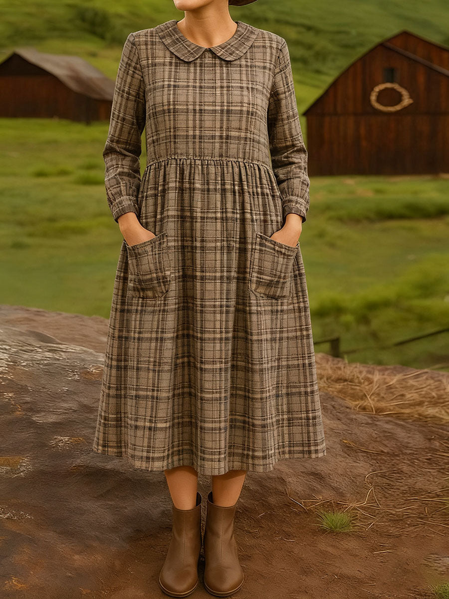 Women's Vintage  Plaid  Art Print Cotton Lapel Button-Down Shirt Dress