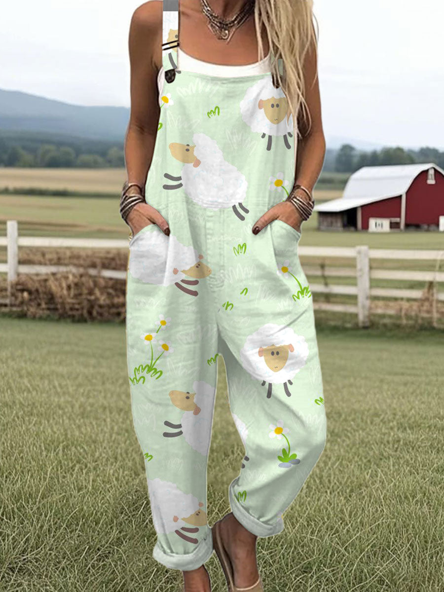Women's  Funny Sheep Art Print Casual 100% Cotton Wide Leg Jumpsuit