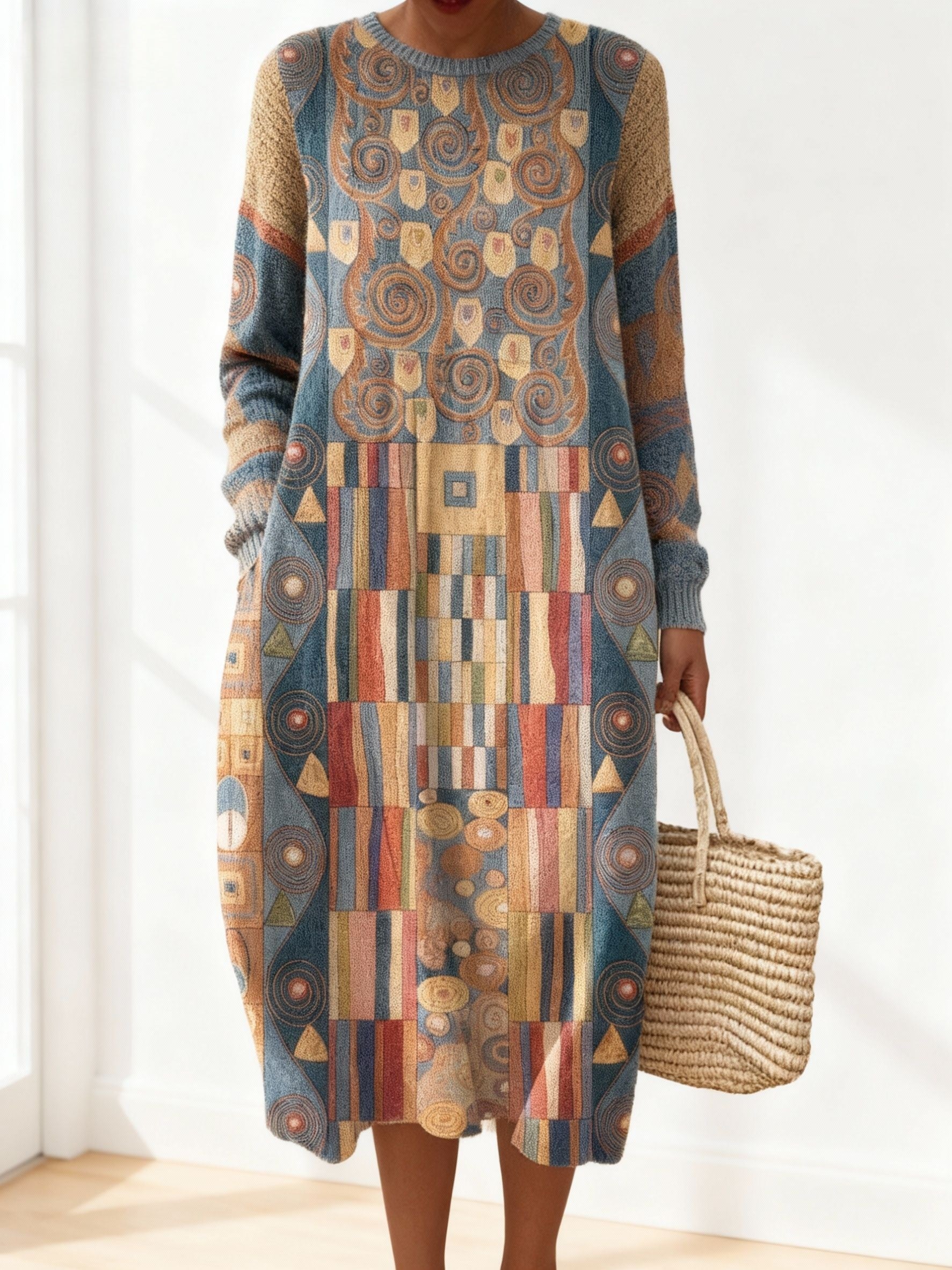 Women's Geometric Art Print Casual Cotton Sweater Dress