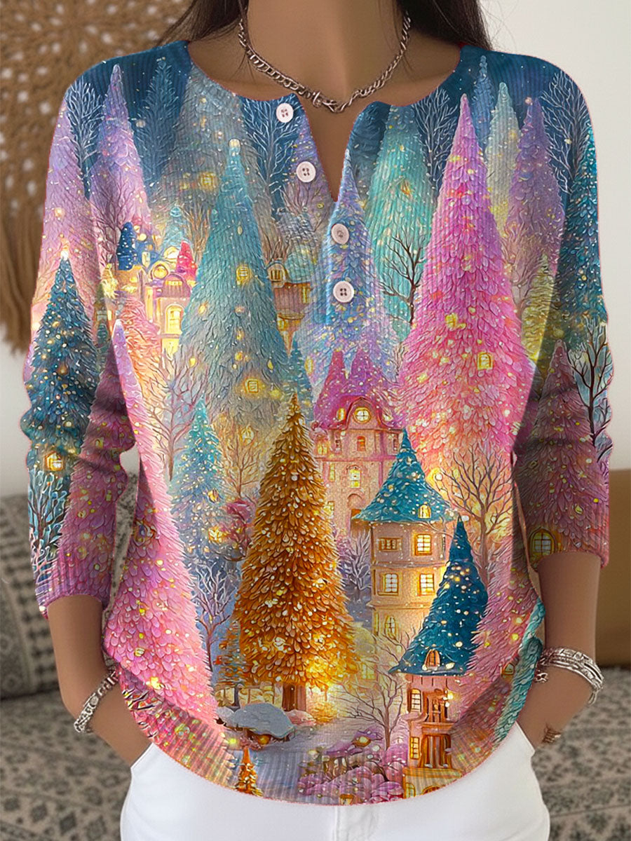 Women's Christmas Tree Art Print Buttoned Cardigan Sweater