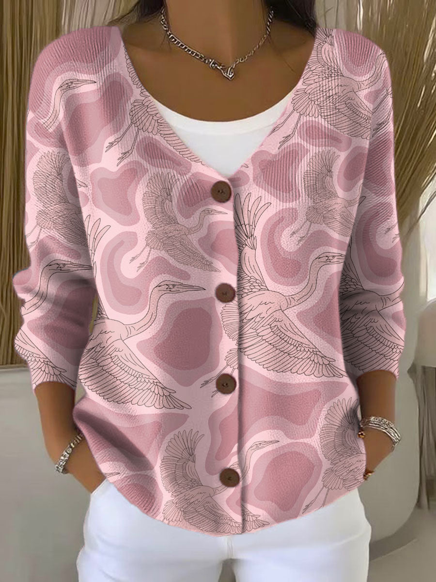 pink-crane-print-buttoned-v-neck-cardigan-sweater