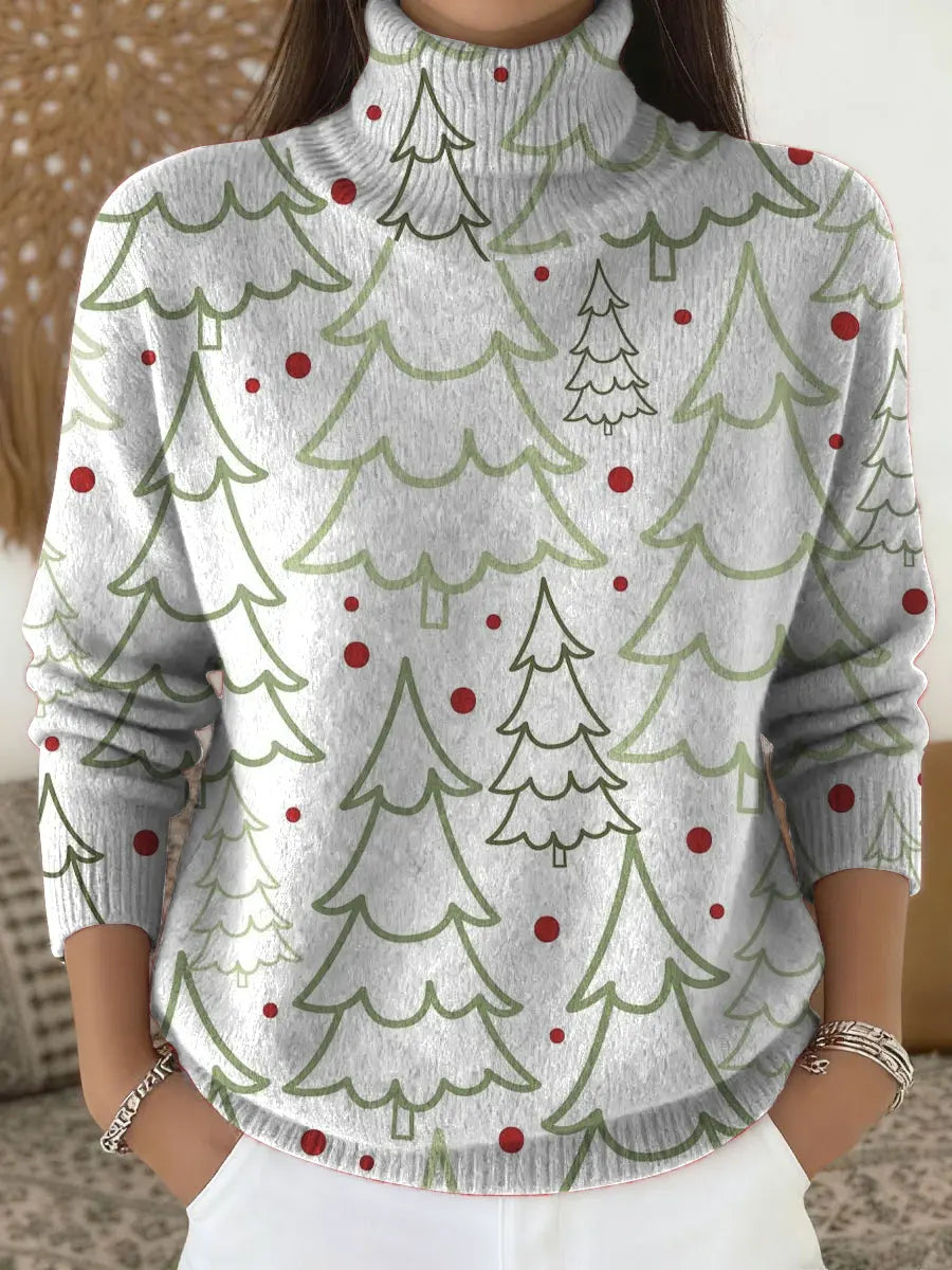 Women's Minimalist Line Christmas Tree Print Turtleneck Sweater