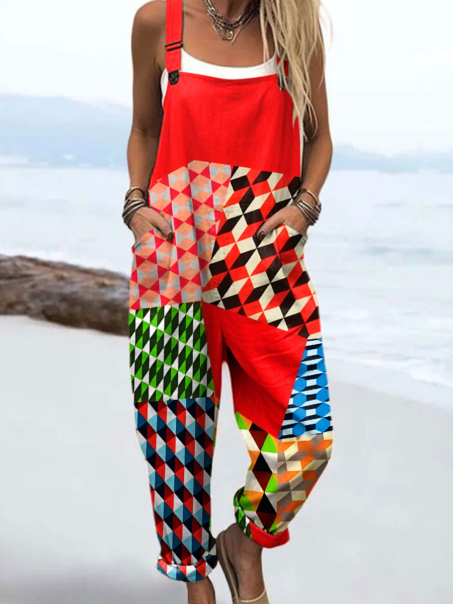 Women's Vintage Abstract Geometric Line Art Print Casual 100% Cotton Wide Leg Jumpsuit