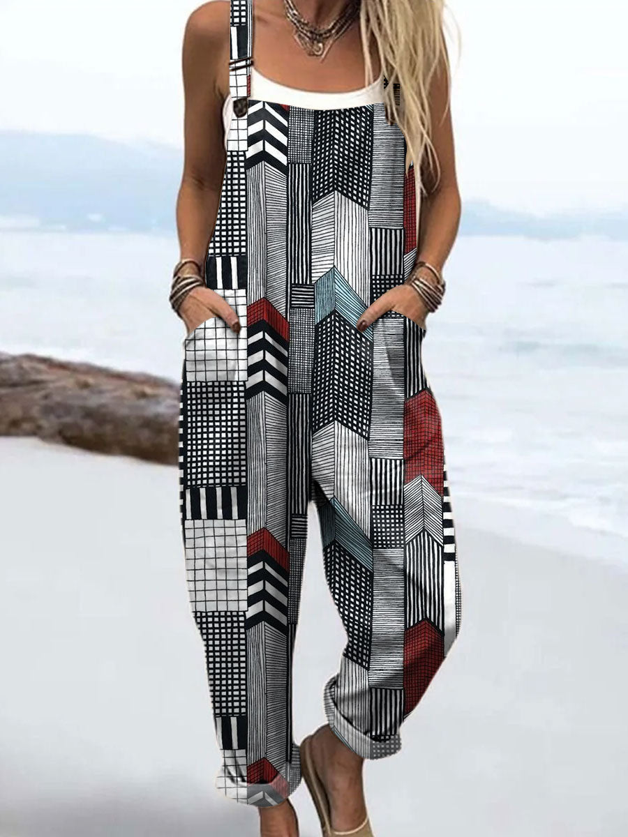 Women's Vintage Spliced Line Art Print Casual 100% Cotton Wide Leg Jumpsuit