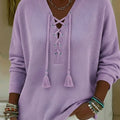Boho Style Casual V-neck Drawstring Tassel Pullover