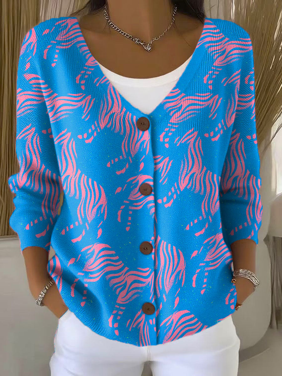 blue-zebra-print-buttoned-v-neck-cardigan-sweater