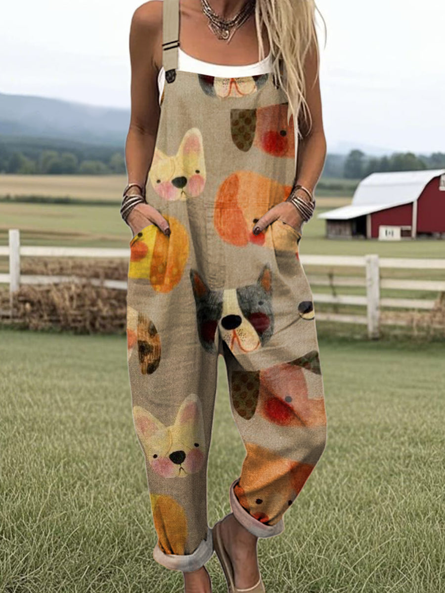 Women's Cute Puppy Illustration Art Print Casual 100% Cotton Wide Leg Jumpsuit