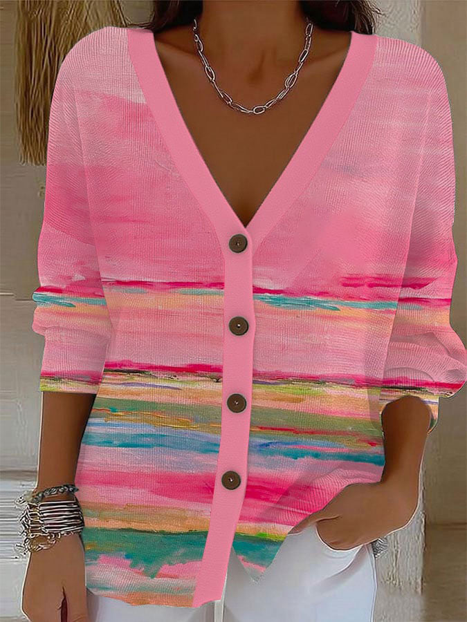 vintage-gradient-art-print-buttoned-v-neck-cardigan-sweater