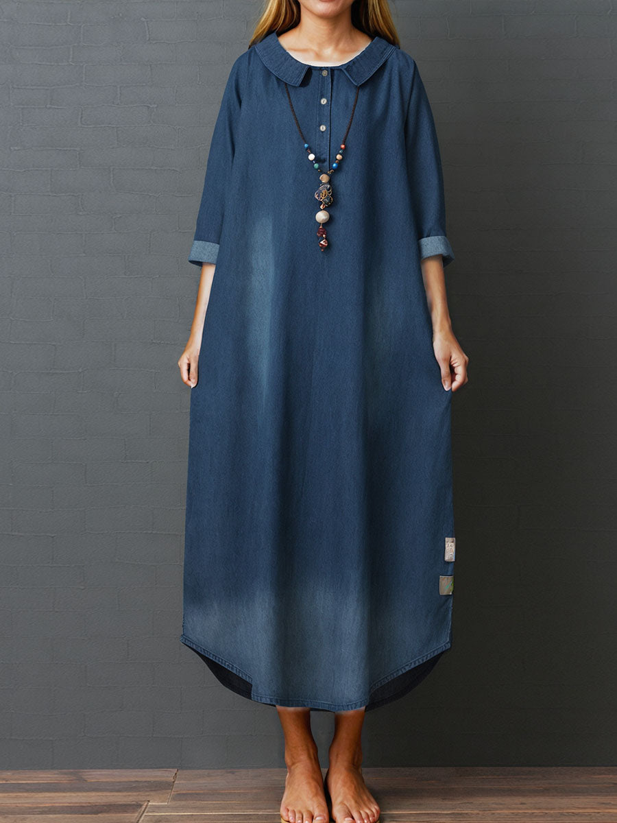 Women's Peter Pan Collar Long Sleeve Casual Loose Denim Dress