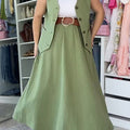 Women's Solid Color V-Neck Sleeveless Single-Breasted Vest Top Elastic Waist A-Line Casual Cotton and Linen Skirt Set