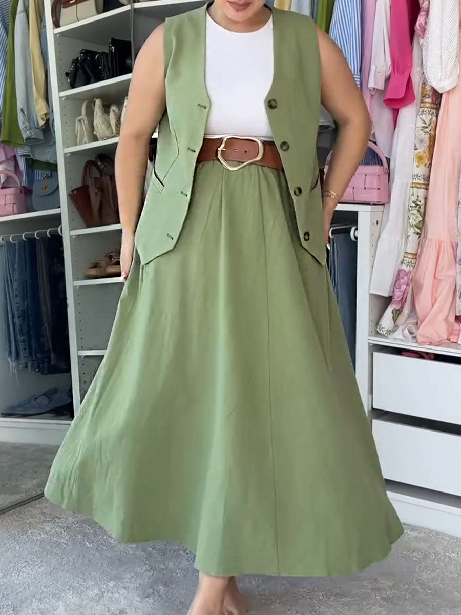 Women's Solid Color V-Neck Sleeveless Single-Breasted Vest Top Elastic Waist A-Line Casual Cotton and Linen Skirt Set