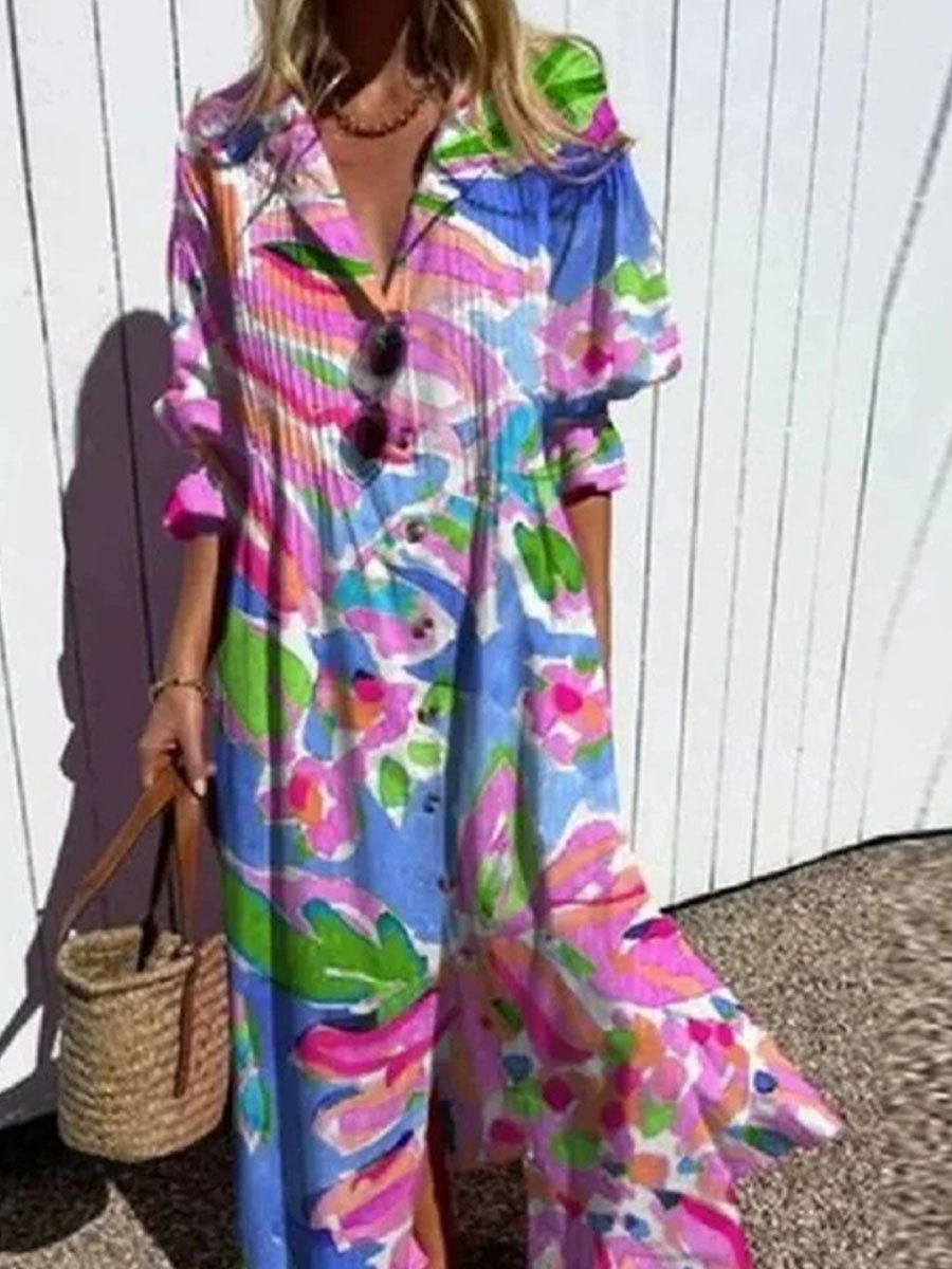 Women's Floral Art Print Pleated Casual Dress