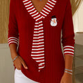 Women's Striped Stitching Print V-Neck Long Sleeve Knit Top