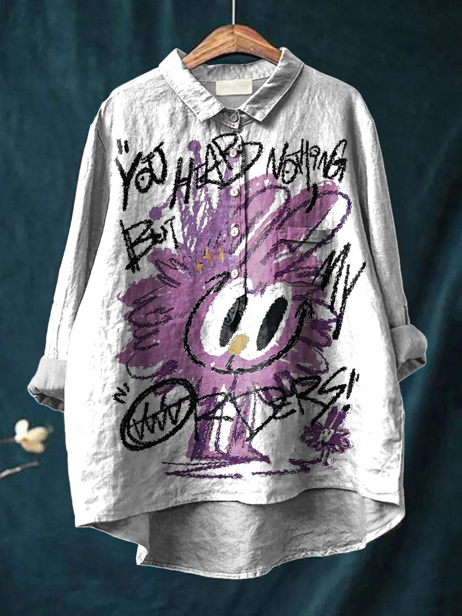 Mischievous Little Monster Graphic Printed Women's Casual Cotton And Linen Shirt