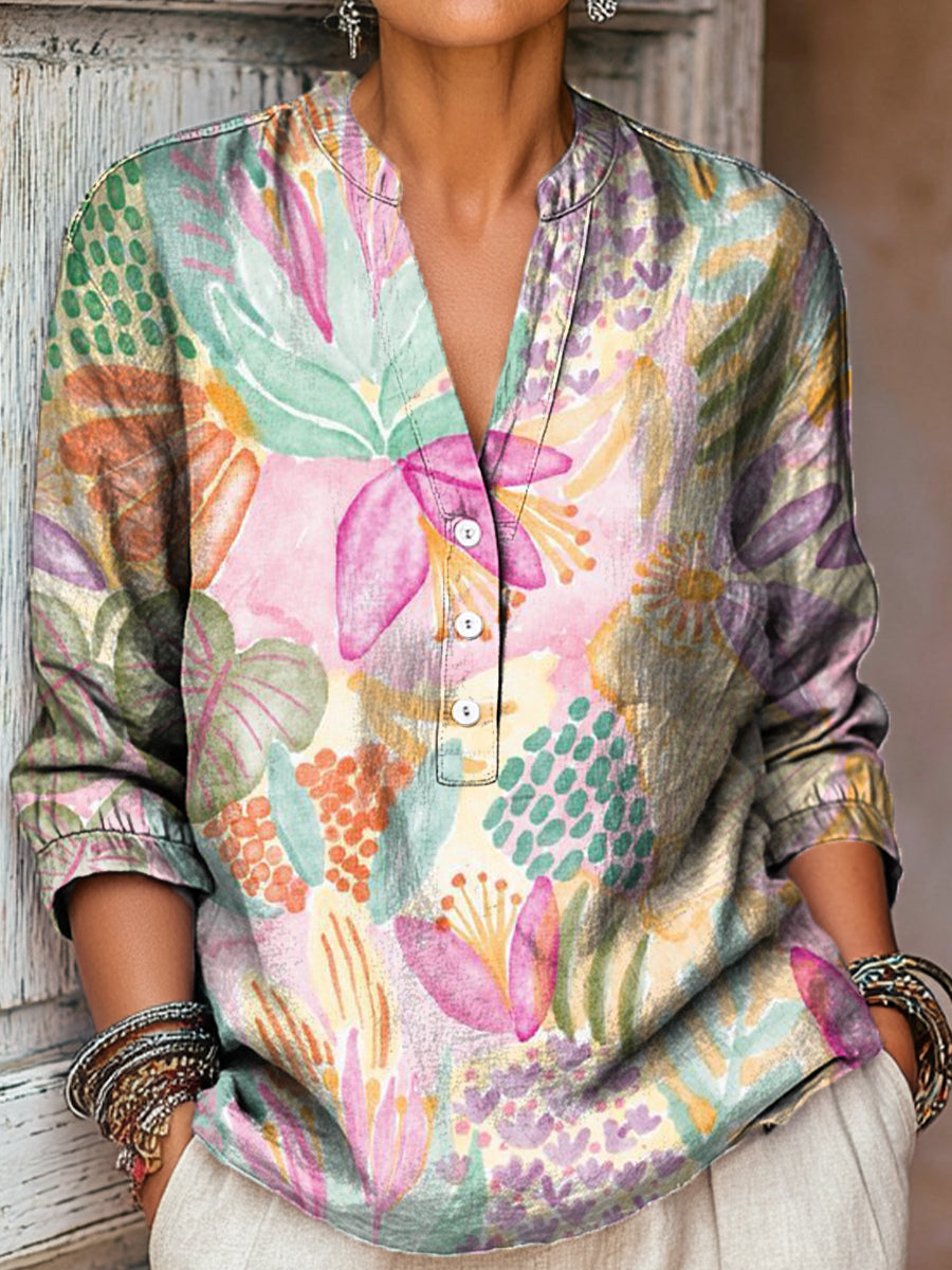 Women's Beautiful Colorful Abstract Floral Painting Art Print Casual Cotton And Linen Shirt