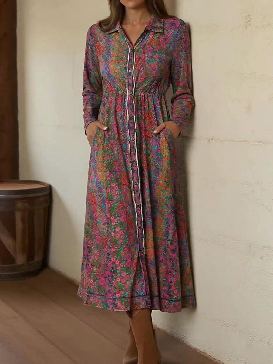 Boho Rainbow Floral Print Shirt Stretch Dress