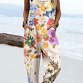 Women's Vintage Flower Art Print Casual 100% Cotton Wide Leg Jumpsuit