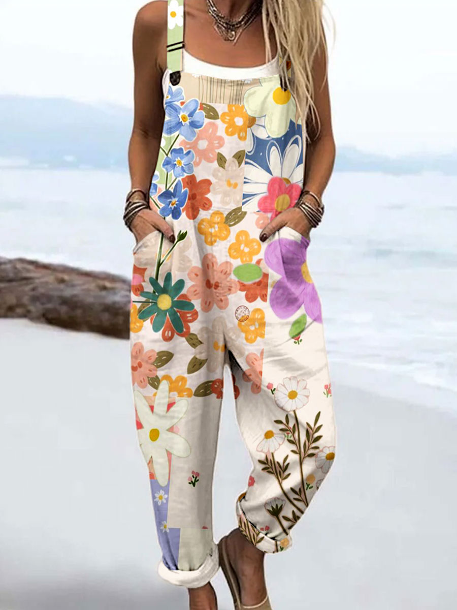 Women's Vintage Flower Art Print Casual 100% Cotton Wide Leg Jumpsuit
