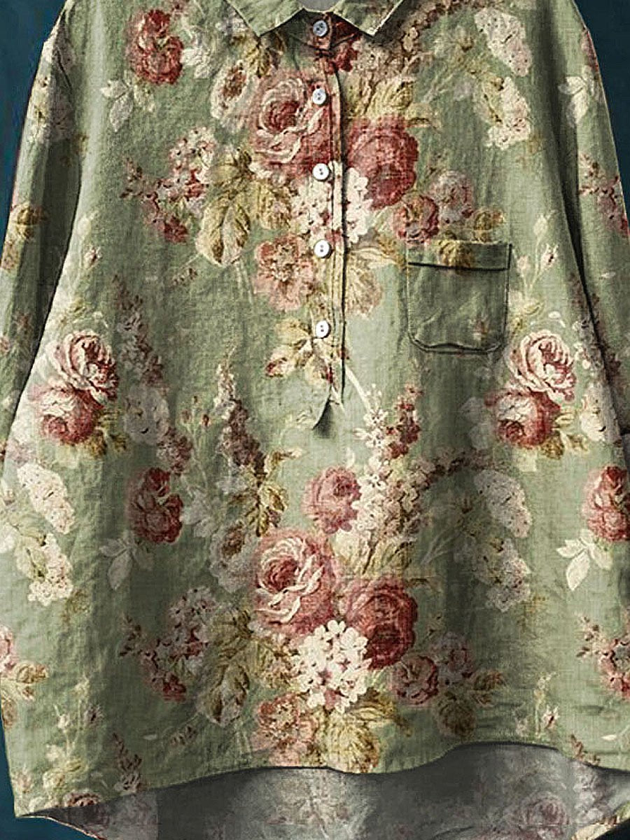Women's Vintage Floral Art Print Casual Cotton And Linen Shirt