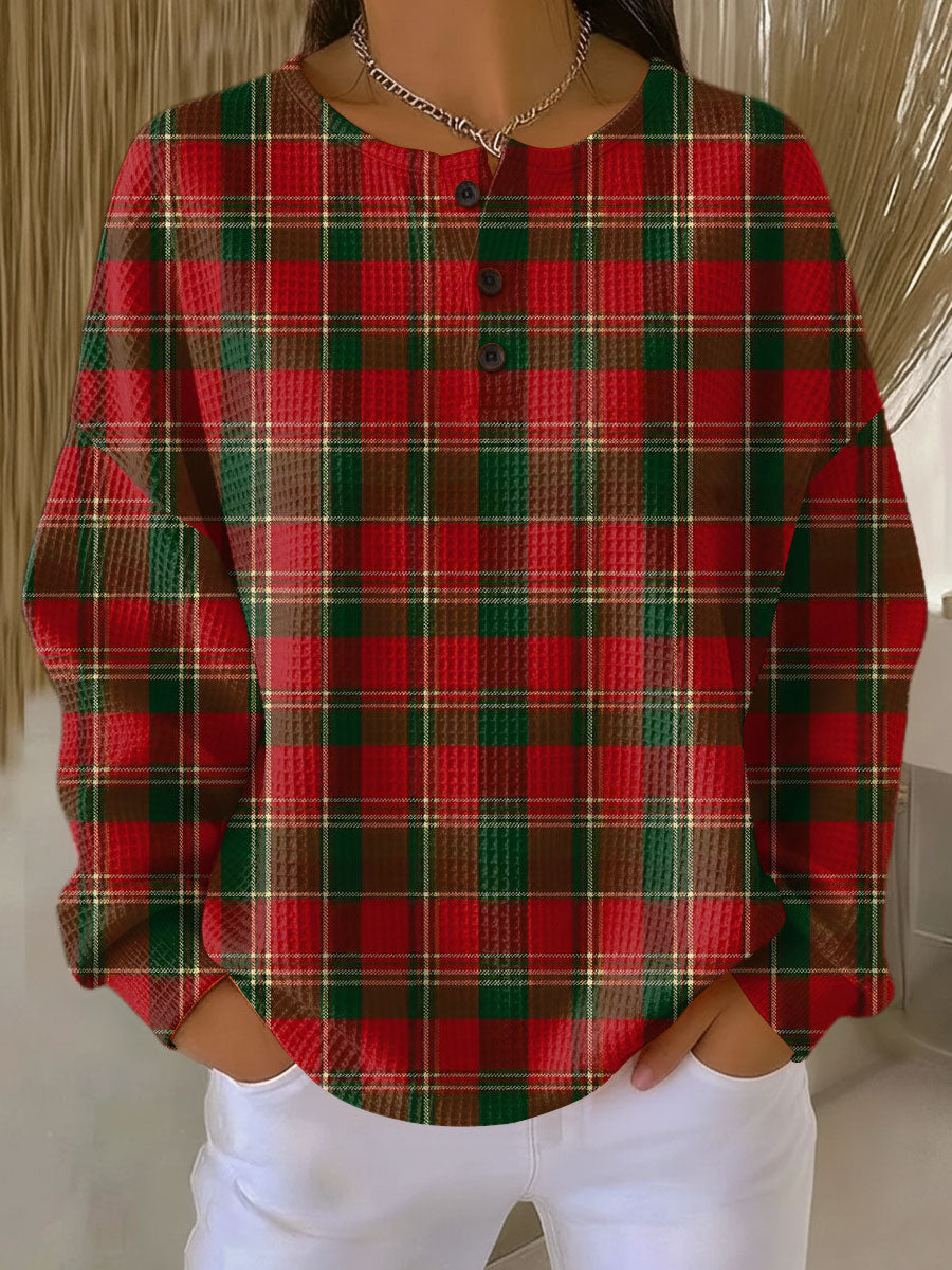 Women's  Vintage Christmas Plaid Art Print Casual Cotton Sweatshirt