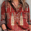 Women's Vintage Ethnic Geometric Trees Drawing Art Print Casual Cotton And Linen Shirt