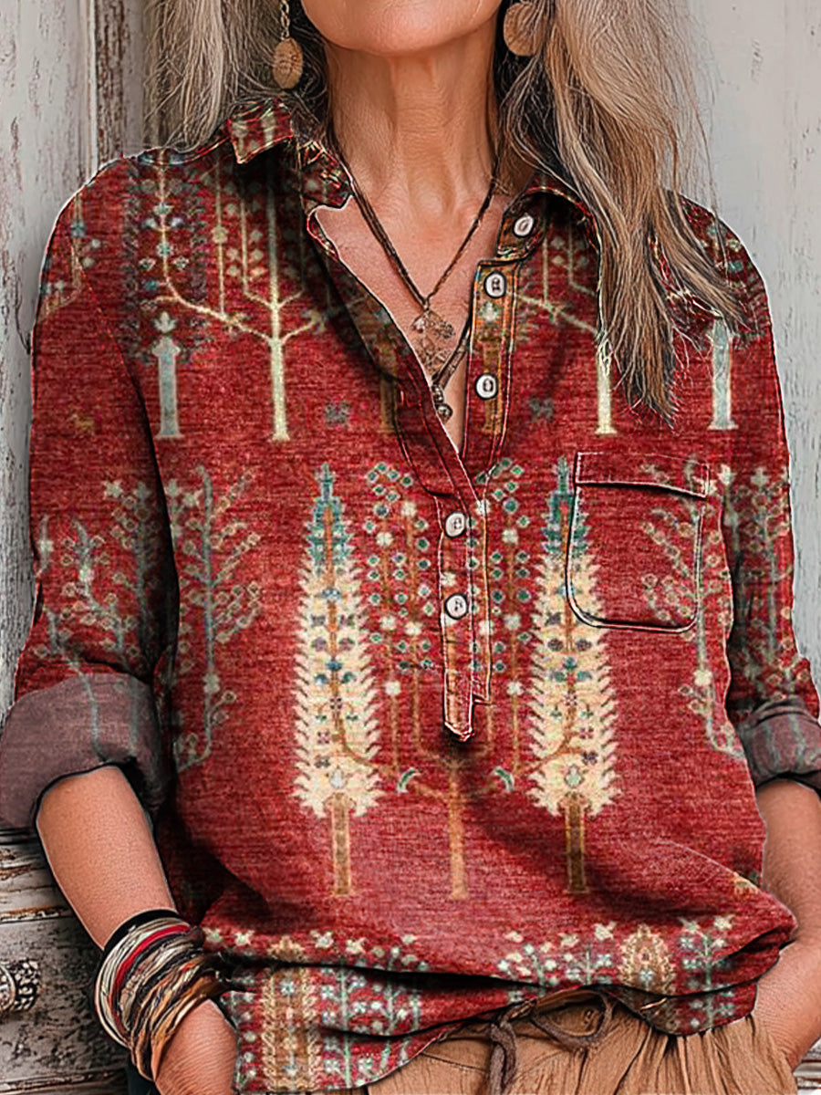 Women's Vintage Ethnic Geometric Trees Drawing Art Print Casual Cotton And Linen Shirt