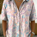Women's Vintage Botanical Floral Casual Polo Collar Short-sleeved Linen And Cotton Shirt