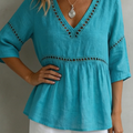 Cozy V-neck Cotton-linen Blouse With Openwork Lace Paneling