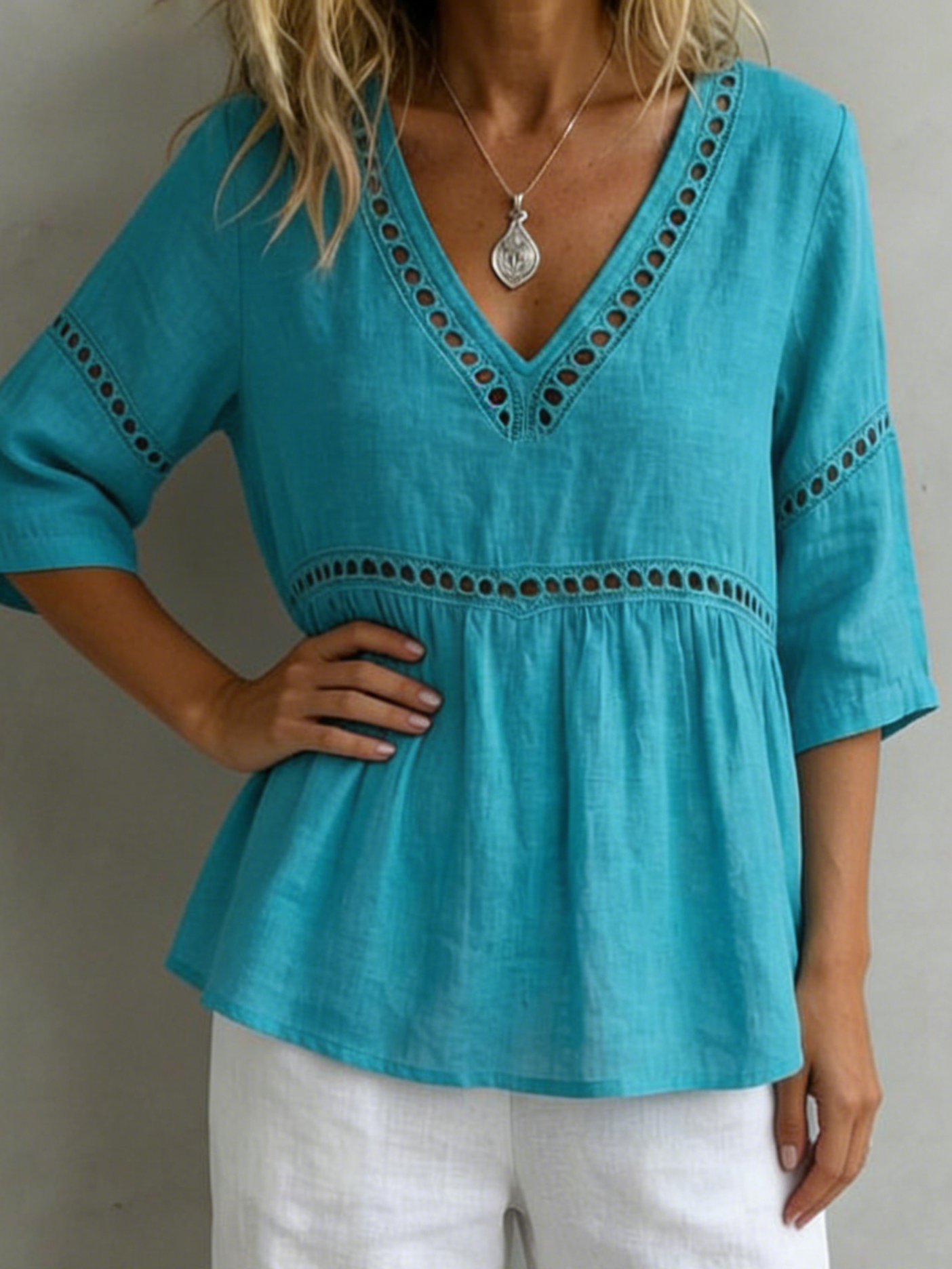 Cozy V-neck Cotton-linen Blouse With Openwork Lace Paneling