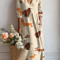 Women's Vintage Dachshund Art Print Linen Pocket Dress