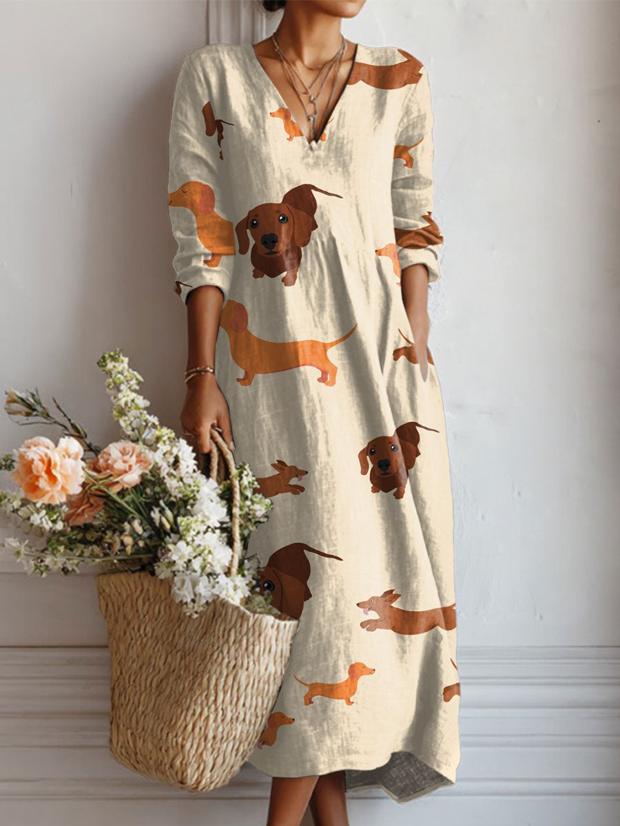 Women's Vintage Dachshund Art Print Linen Pocket Dress