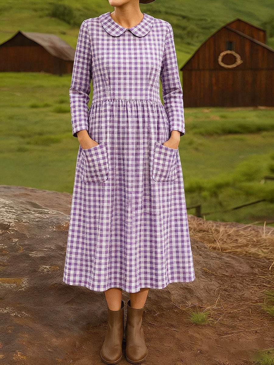 Women's Vintage  Plaid  Art Print Cotton Lapel Button-Down Shirt Dress