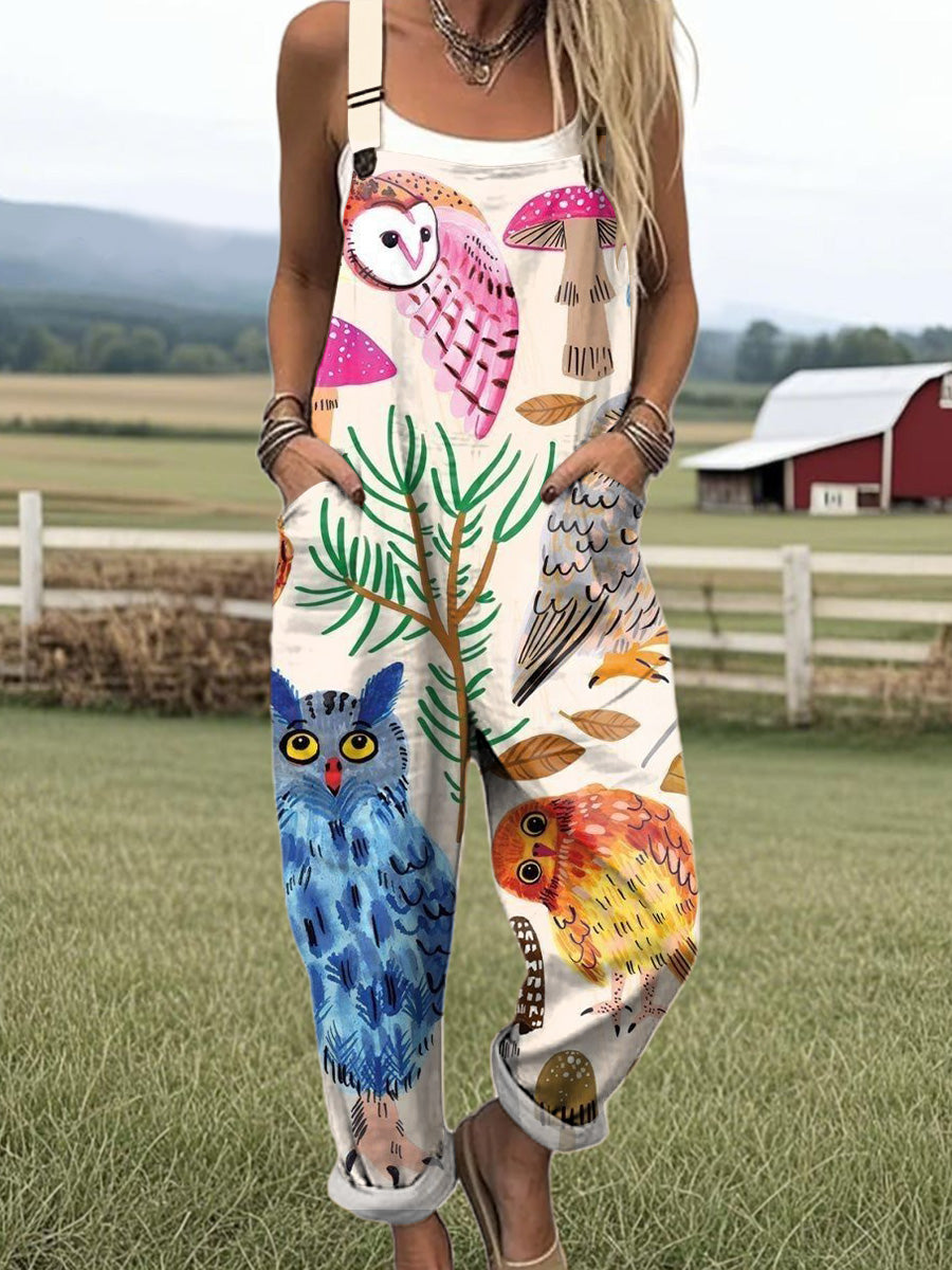 Women's Colorful Cute Owl Drawing Art Print Casual 100% Cotton Wide Leg Jumpsuit