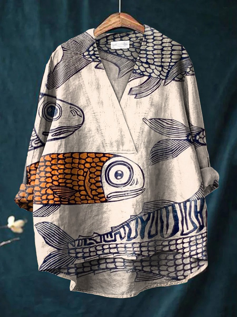 Women's Abstract Art Big-eyed Fish Print Casual Cotton And Linen V-neck Shirt