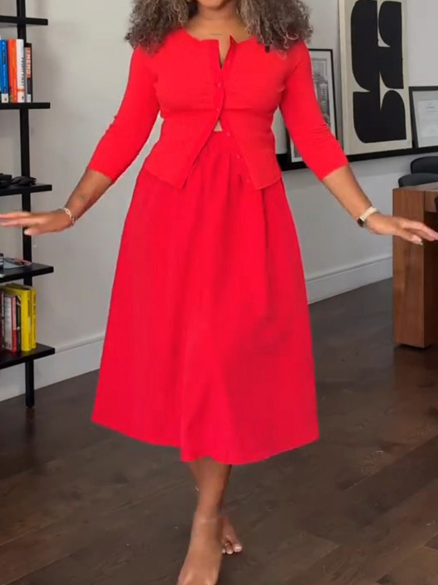 Women's Solid Color Round Neck 3/4 Sleeve Slim Fit Cardigan Top with Elastic Waist and Cotton A-Line Skirt Set
