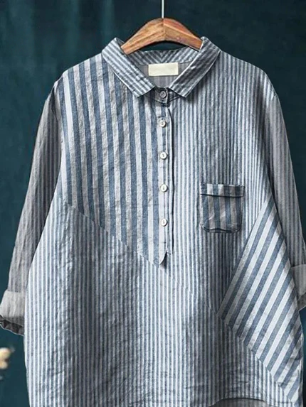 Chemise décontractée pour femme en coton et lin imprimé à rayures 