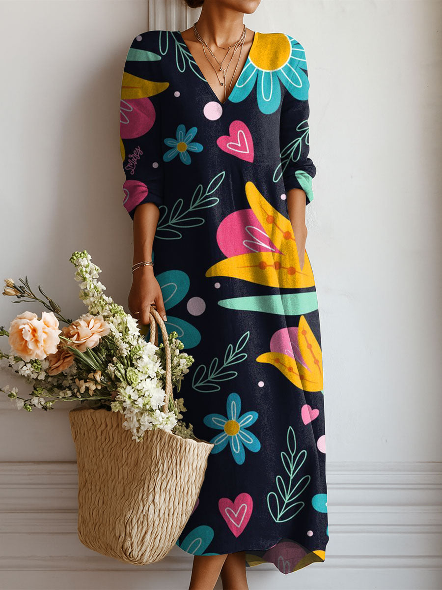 Women's Vintage Flowers Pattern Art Print Linen Pocket Dress