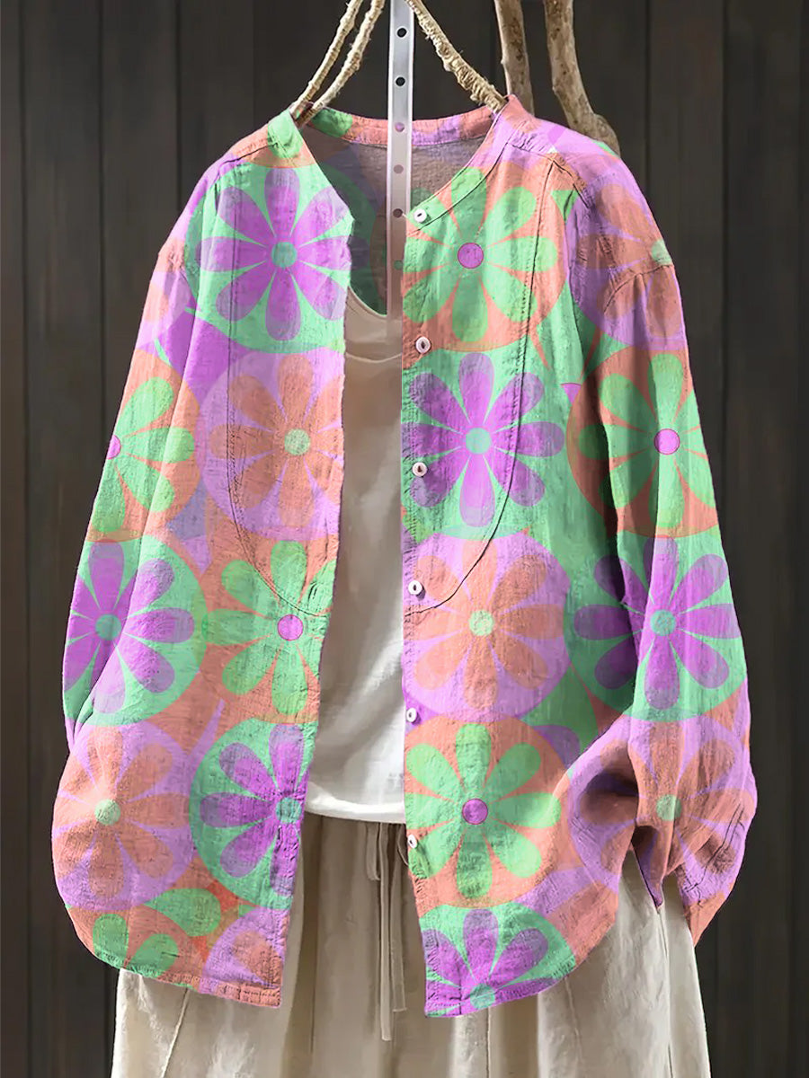 Women's Beautiful Colorful Geometric Floral Painting Art Print  Casual Cotton And Linen Shirt