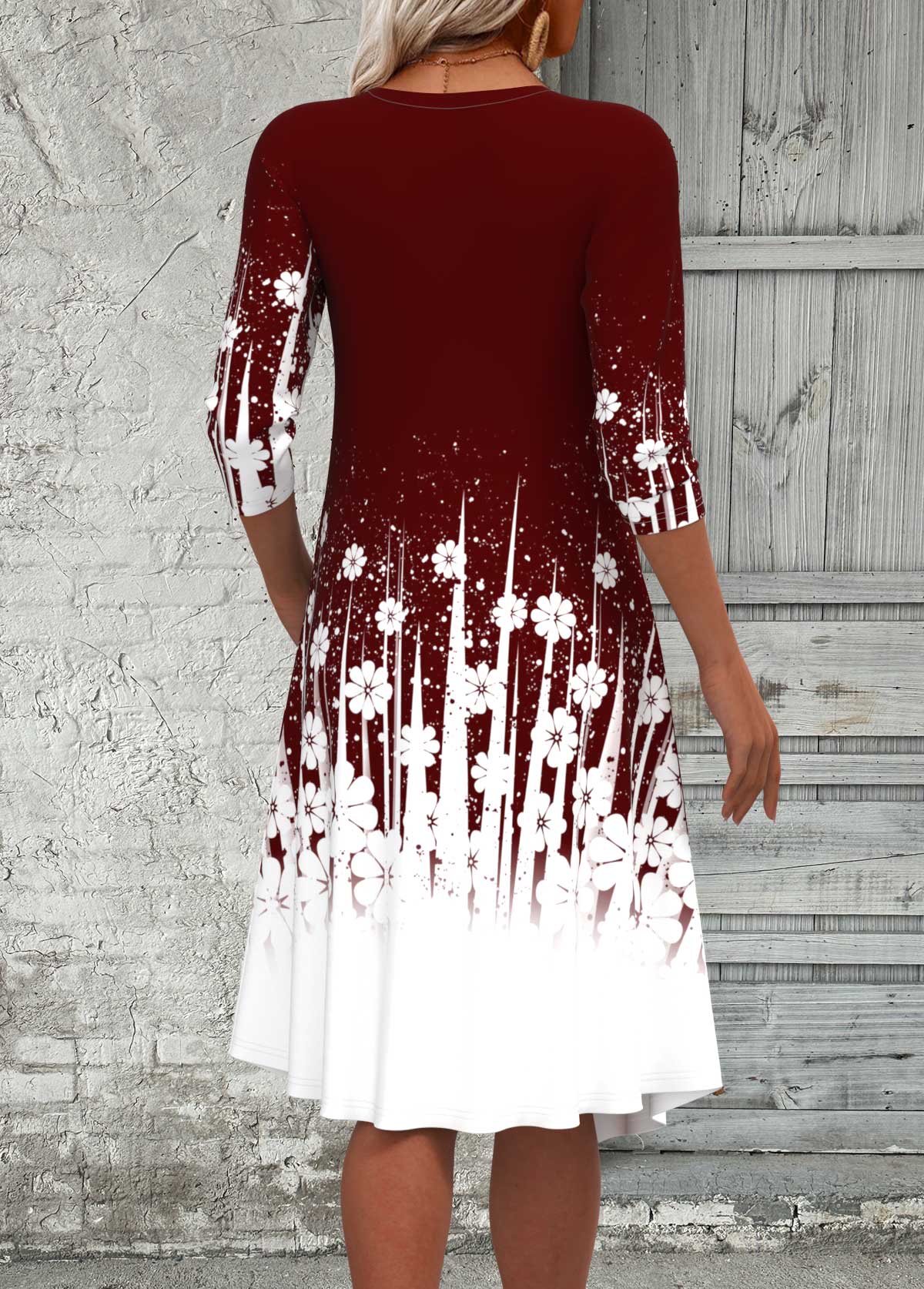 Wine Red Fake 2in1 Floral Print A Line Dress