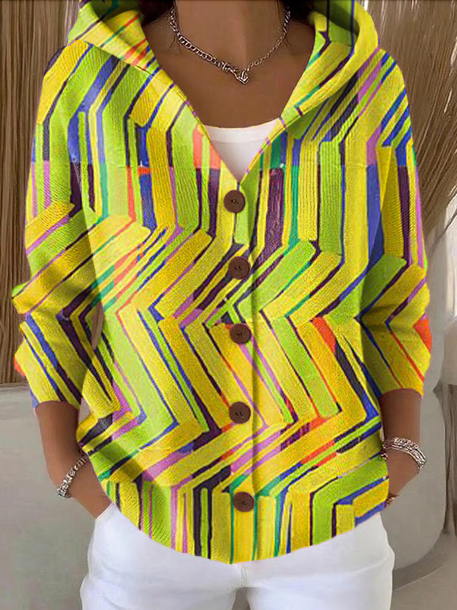 Women's Abstract Geometric Painting Art Print Casual Hooded Button Sweater
